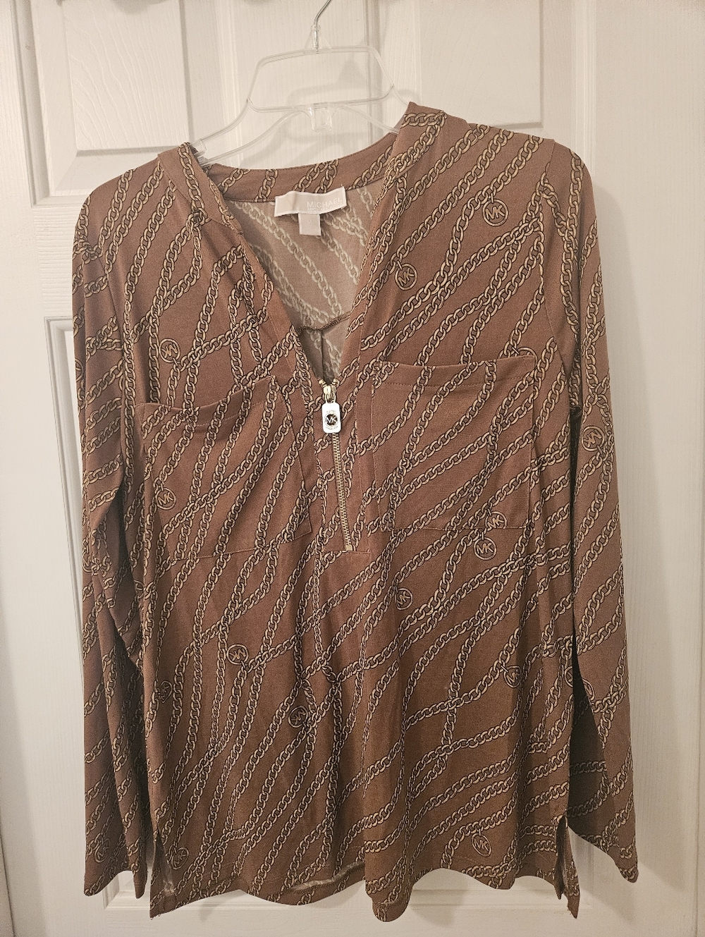 MK Brown Chain-Print Long Sleeve Top with Zip
